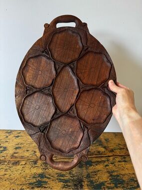 Hand-Carved Wooden Serving Tray - Deep Brown